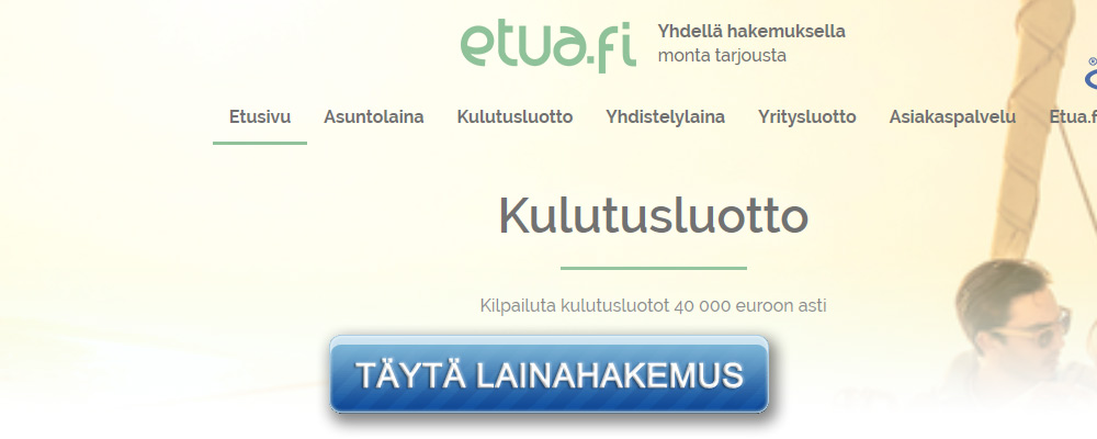 Kilpailuta laina, kulutusluotto, yritysluotto tai vakuutus Kuvakaappaus Etua.fi kotisivulta
